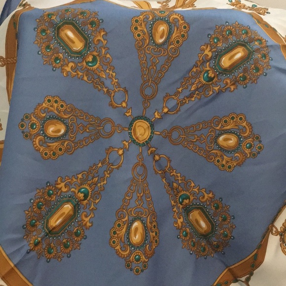 Patricia Paris large square scarf made in Italy 100% polyester. Blue white tan - Picture 4 of 5